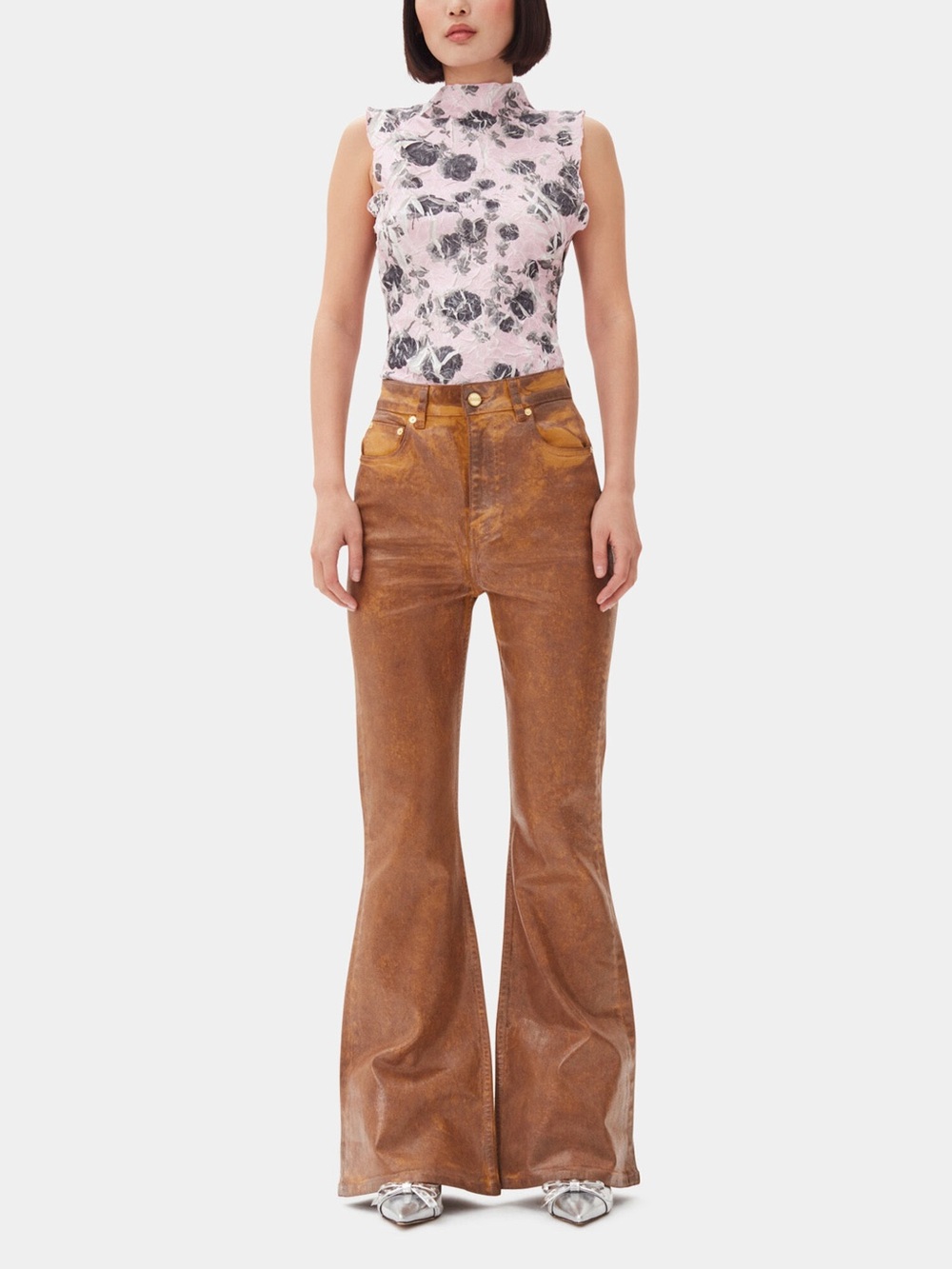 Ganni Brown Waxed Flared Jeans